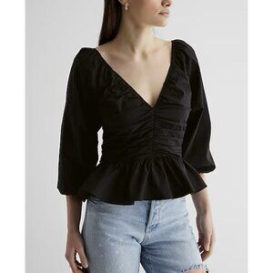 Express Women's V-Neck Pleated Peplum Top Size XS Black 3/4 Puff Sleeves NWT $74